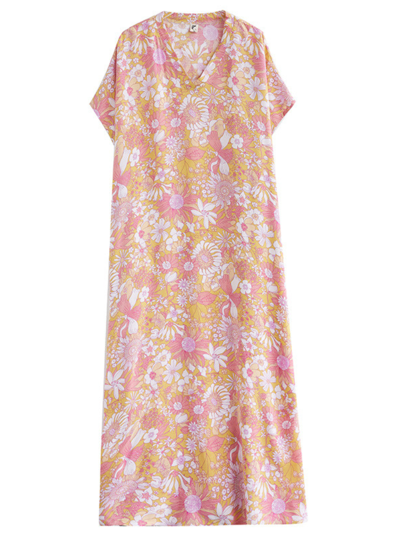 Pink V-Neck Floral Print Short Sleeve Loose Maxi Dress 4