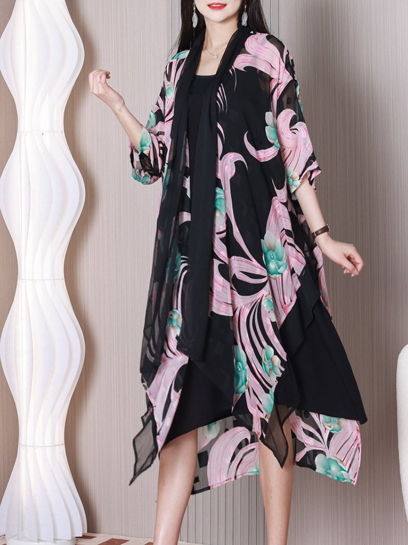 Pink Scoop Neck Floral Chiffon Overlay A-Line Midi Dress 2