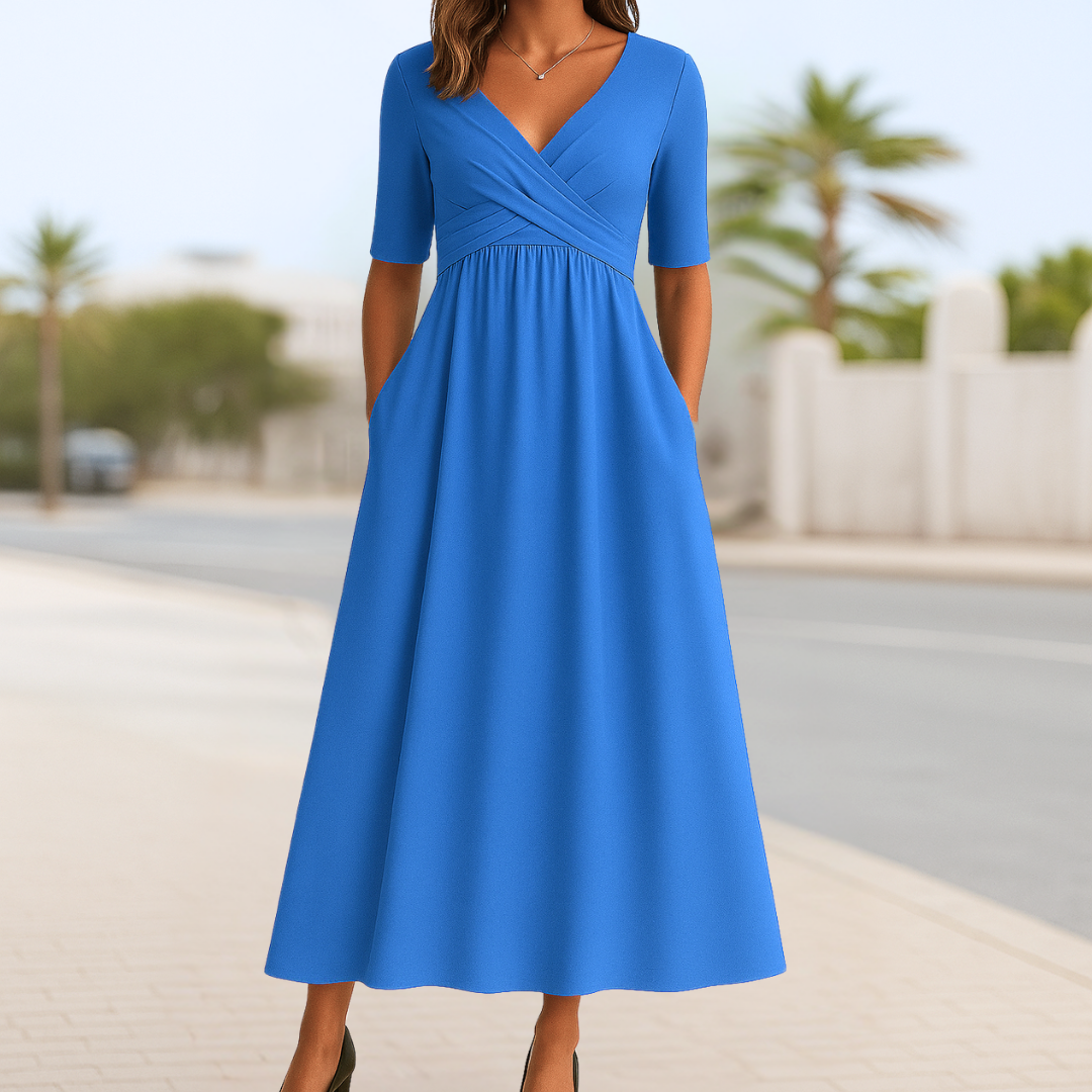 Surplice V-Neck Wrap Bodice Short Sleeve Pleated Waist A-Line Midi Dress 7