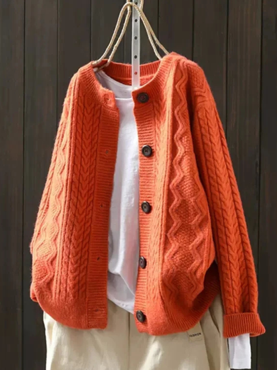 Round Neck Button Front Cable Knit Long Sleeve Cardigan
