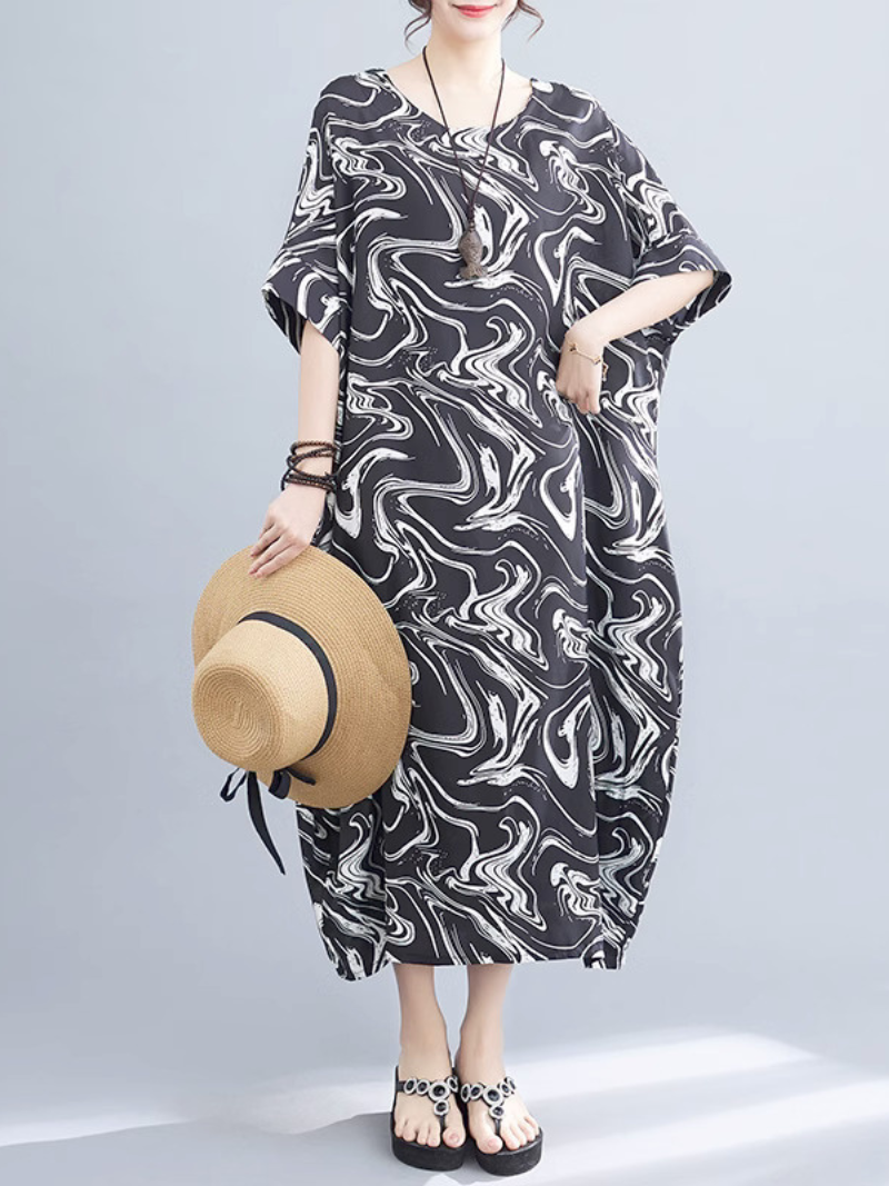 Black Round Neck Abstract Swirl Print Batwing Cocoon Maxi Dress