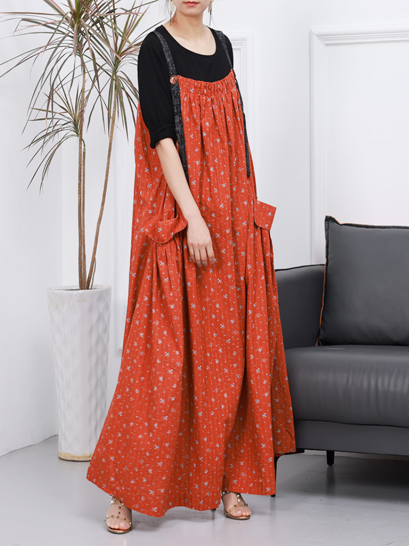 Orange Strap Floral Print Side Pocket Pinafore Maxi Dress
