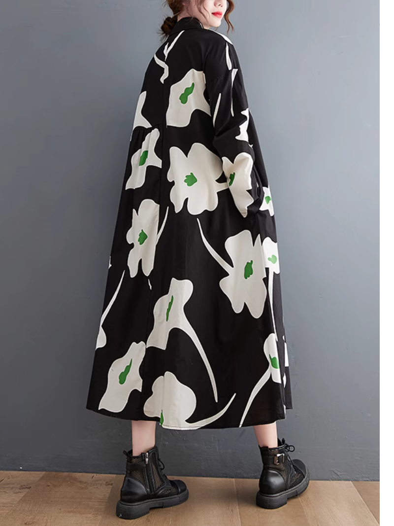 Collared Button Front Floral Print Long Sleeve Shirt Midi Dress