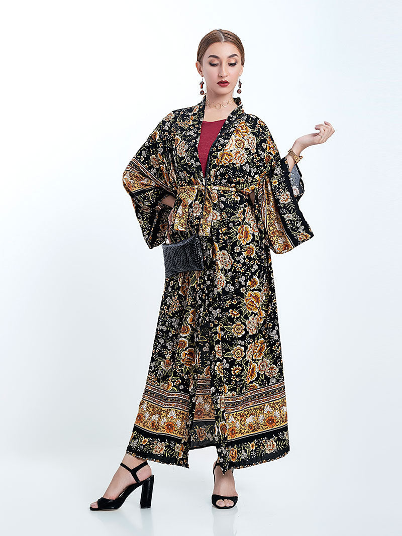 Black Baroque Floral Print Border Trim Belted Wide Sleeve Long Kimono