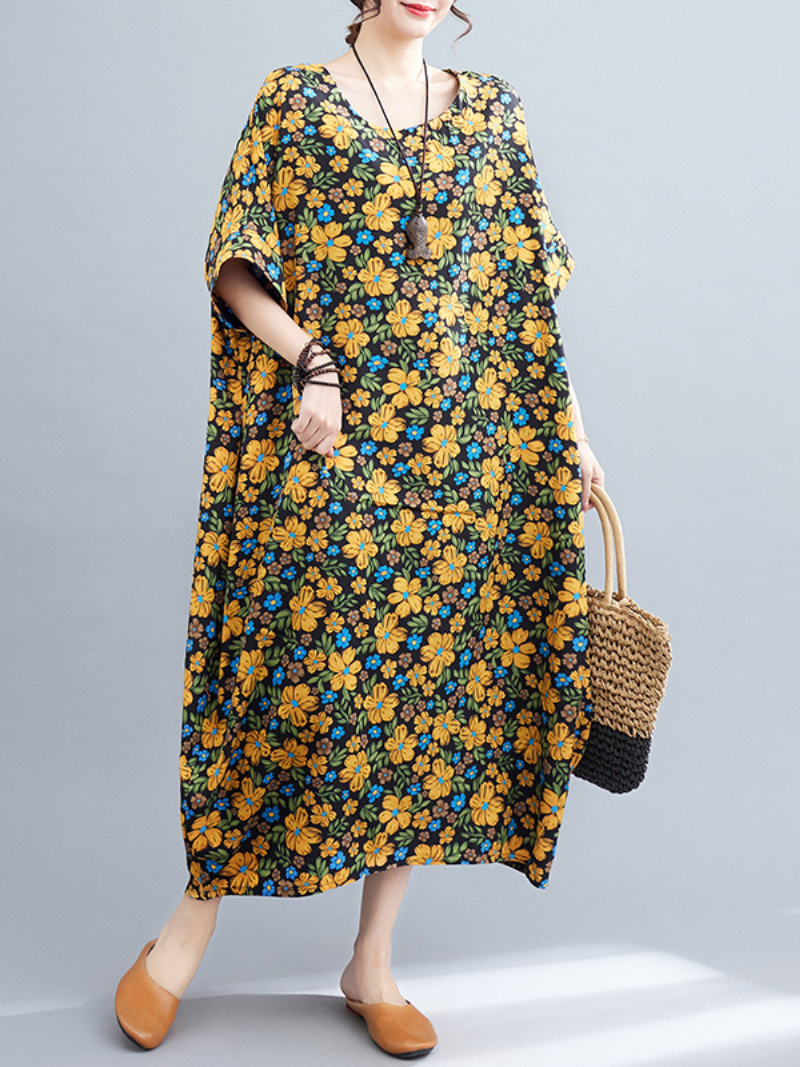 Multi Color Round Neck Floral Print Batwing Sleeve Loose A-Line Maxi Dress
