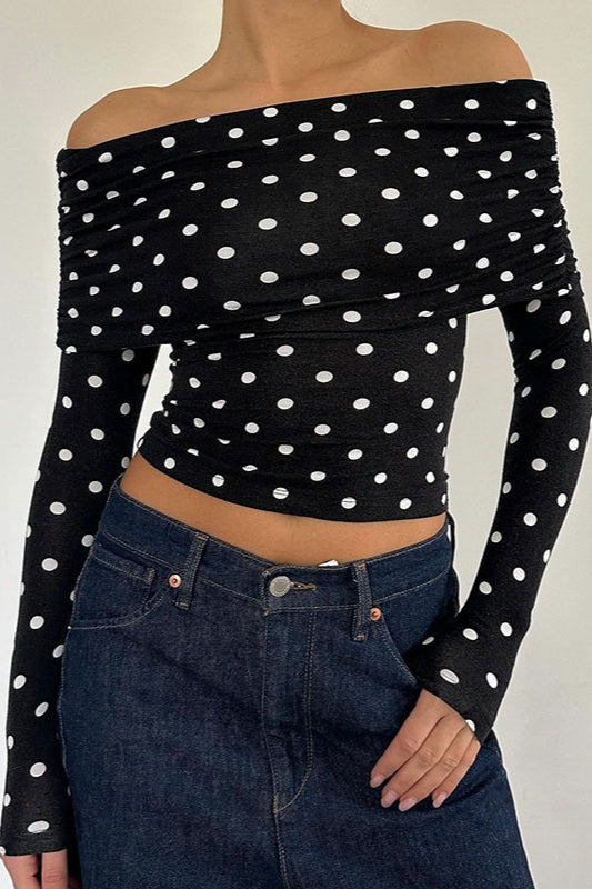 Polka Dot Color Block OffShoulder Crop Top