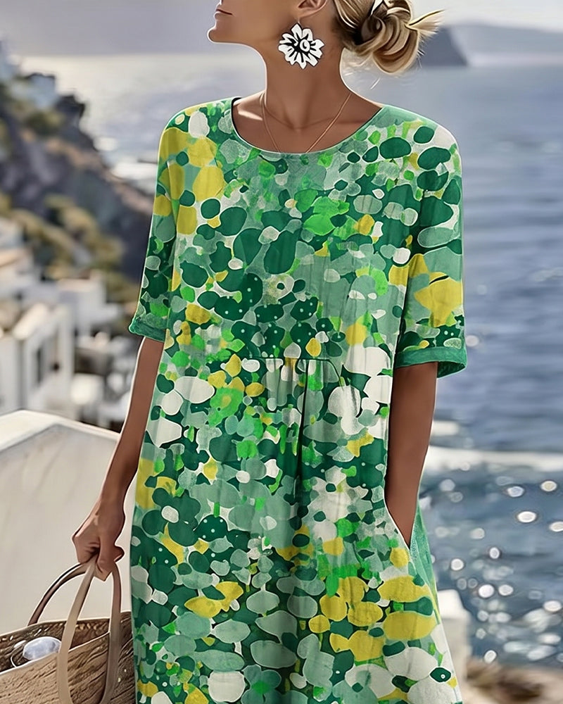 Round Neck Floral Print Short Sleeve A-Line Midi Dress 6
