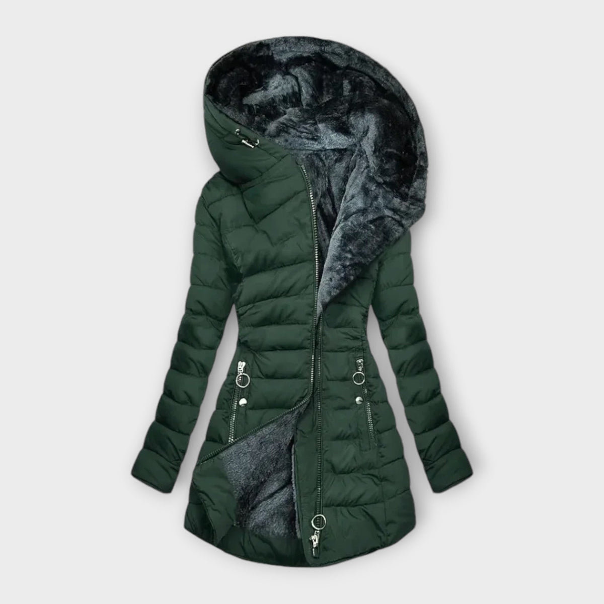Hooded Fleece-Lined Quilted Zip-Up Puffer Coat