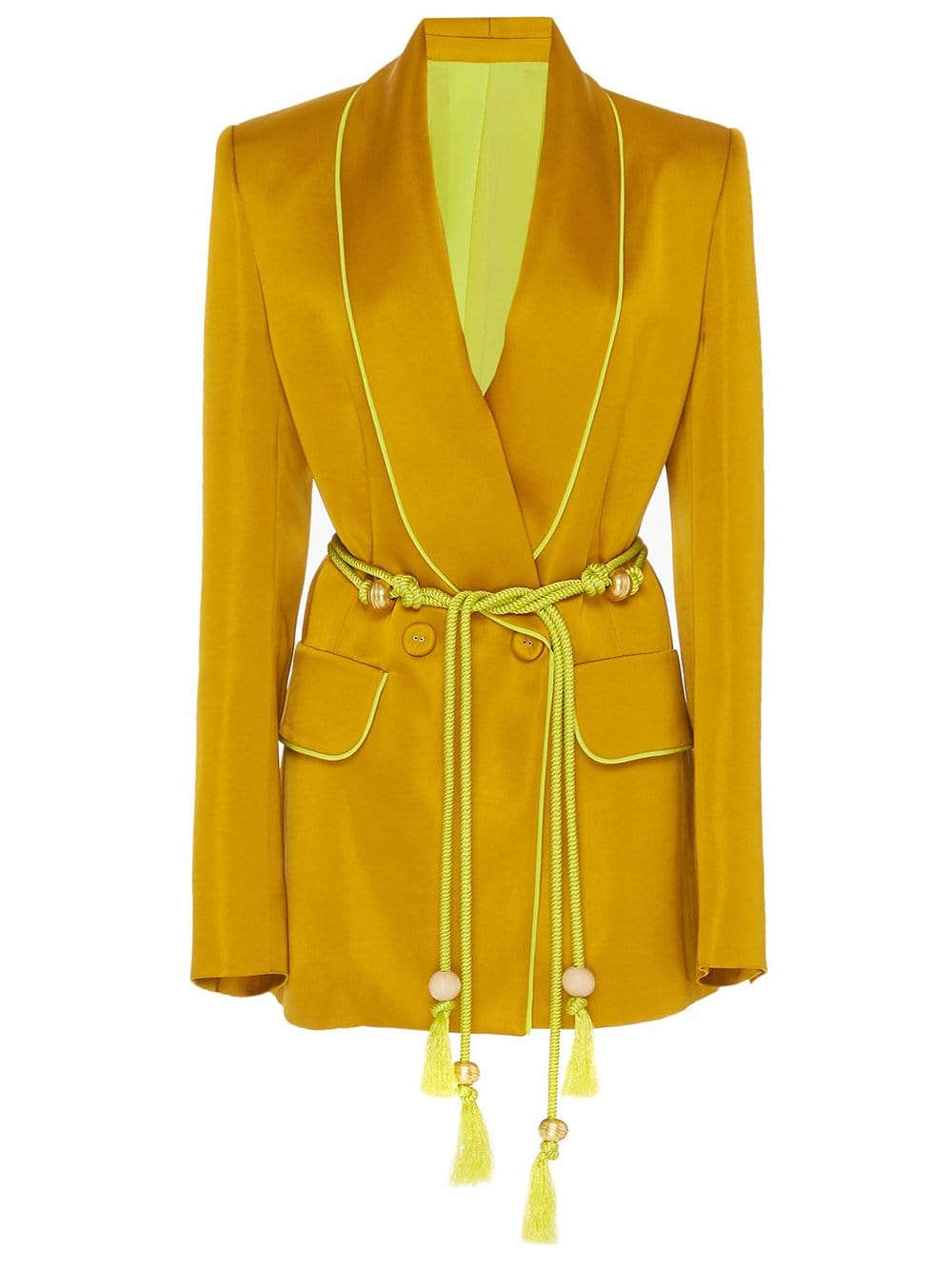 Gold Tasseled Belt Satin Blazer and Pants Set 7