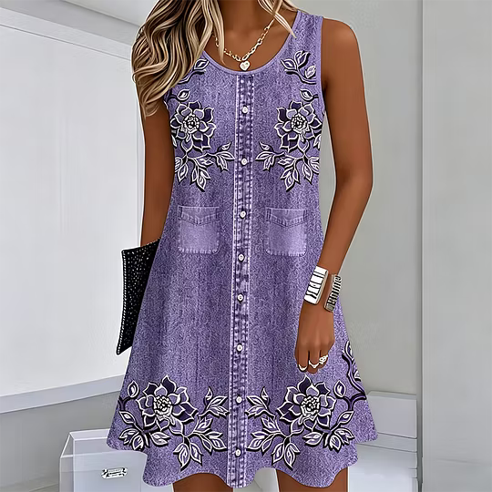 Round Neck Floral Print Button Front Pocket A-Line Mini Dress 6