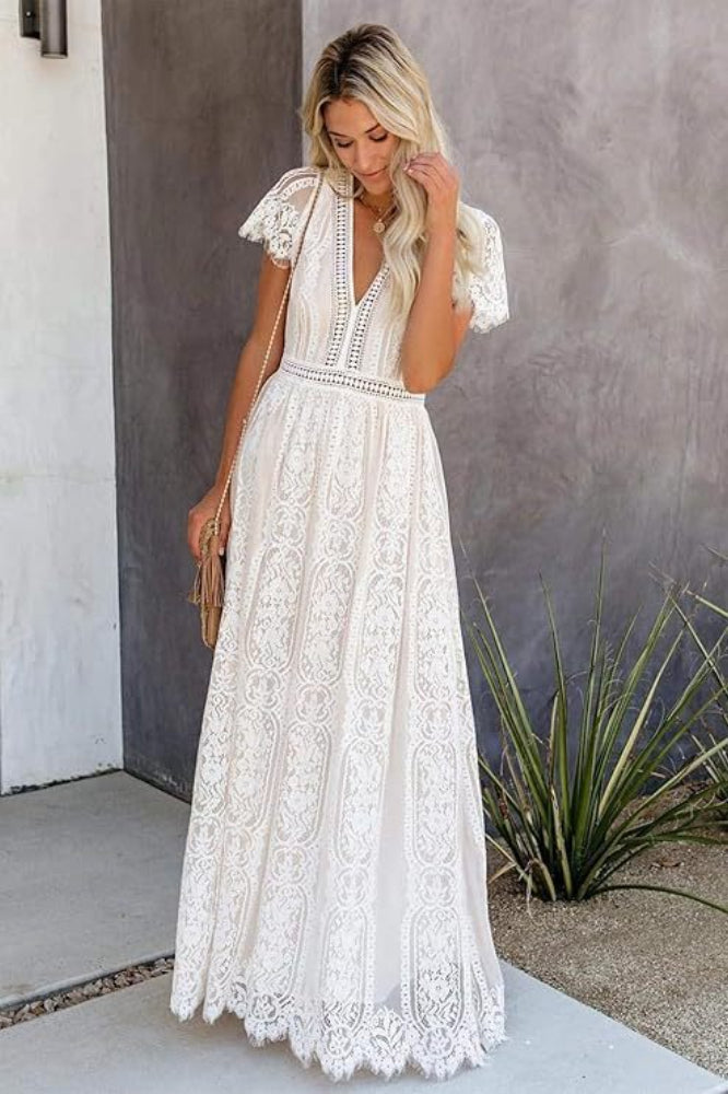 Deep V Neck Lace Cap Sleeve Empire Waist Scalloped Hem Maxi Dress 3