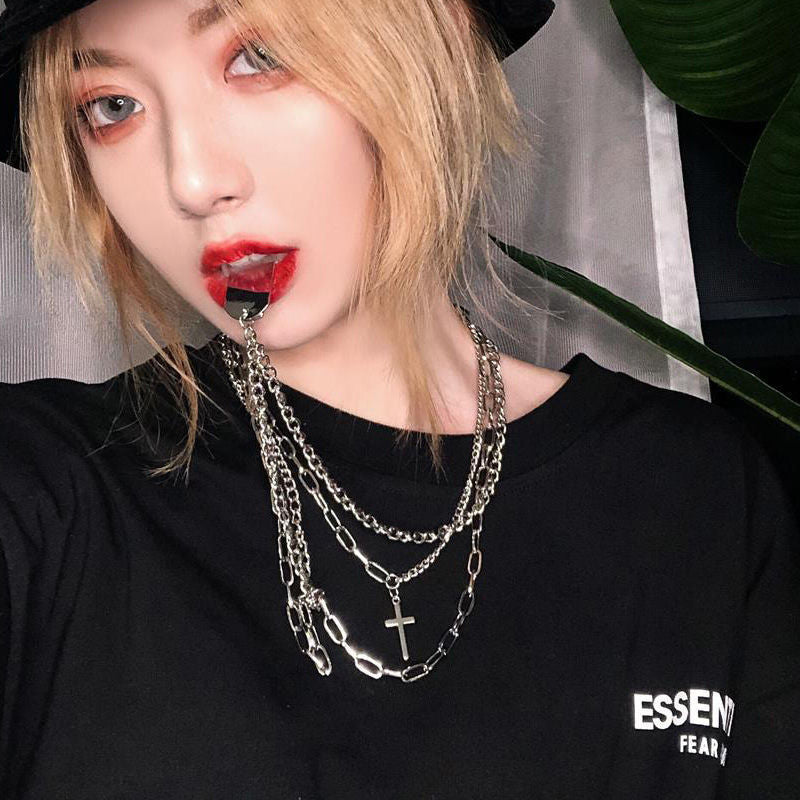 Minimalist Hiphop Punk Trendy Cross Sweater Chain Necklace Set