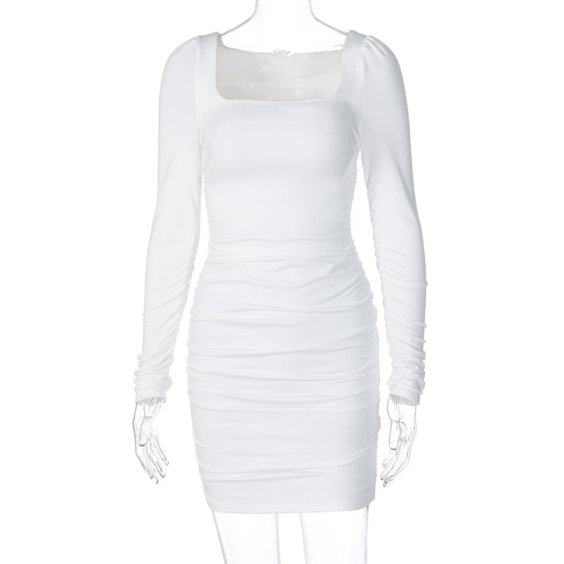 Popular Square Collar Pleated Brushed Long Sleeve Slim Dress