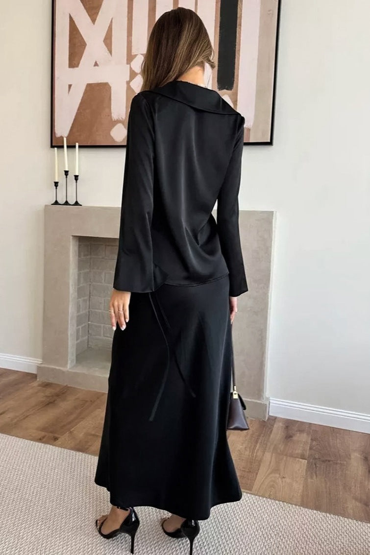 V Neck Tie Front Satin Top Maxi Skirt Set