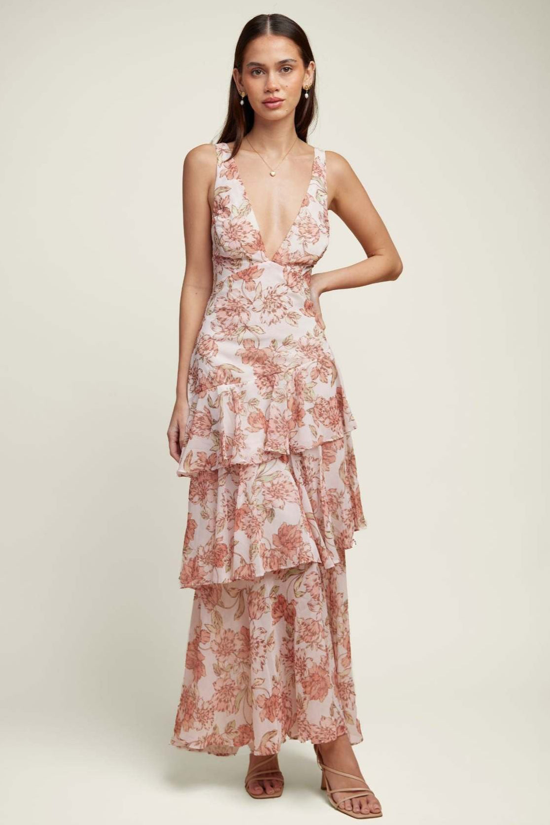 Deep V Neck Tiered Ruffle Watercolor Floral Print Maxi Dress 10