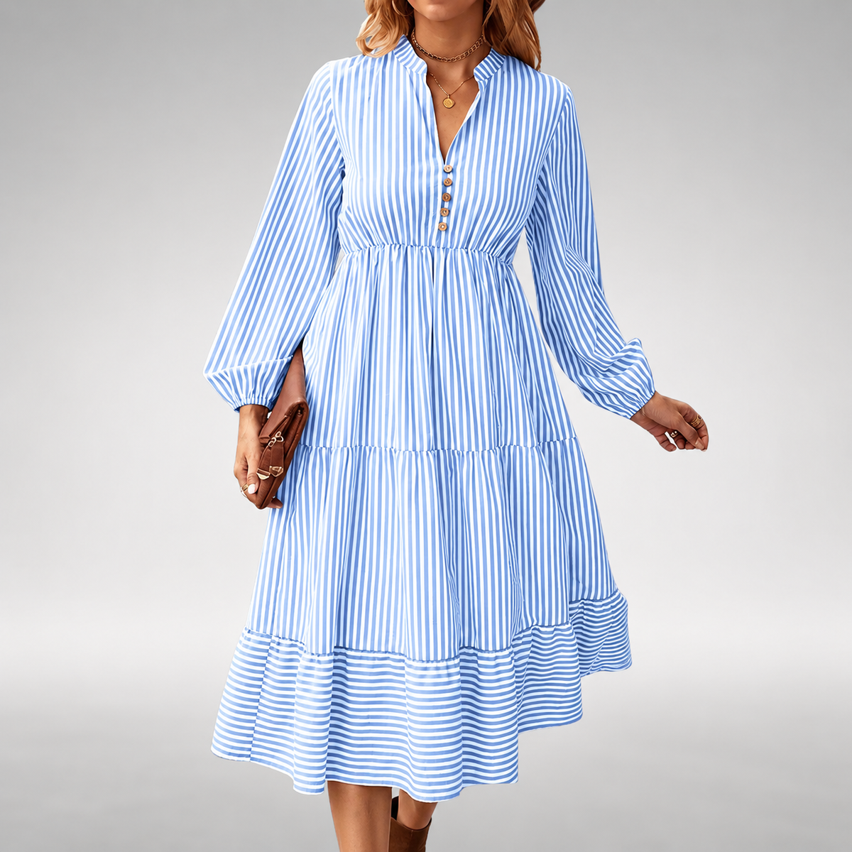 Notch Neck Striped Button Front Long Sleeve Tiered Midi Dress