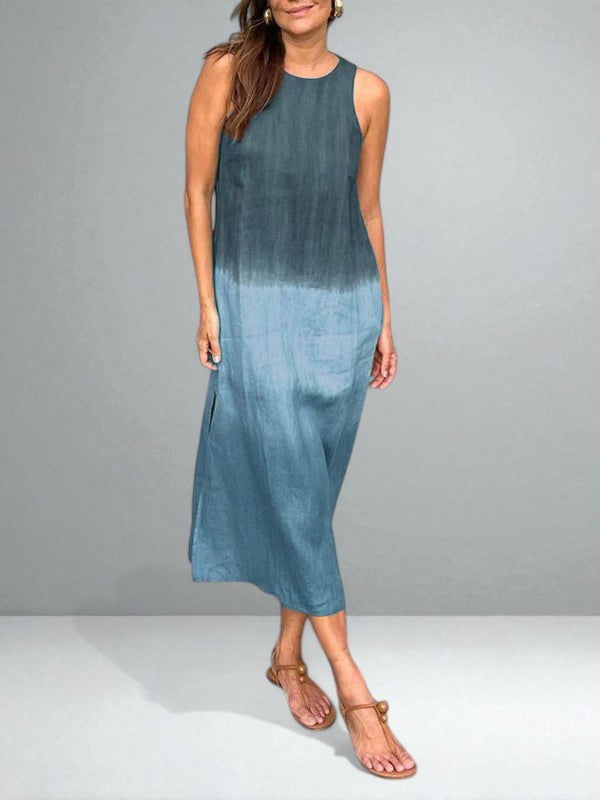Round Neck Ombre Tie-Dye Sleeveless Straight Linen Maxi Dress 5