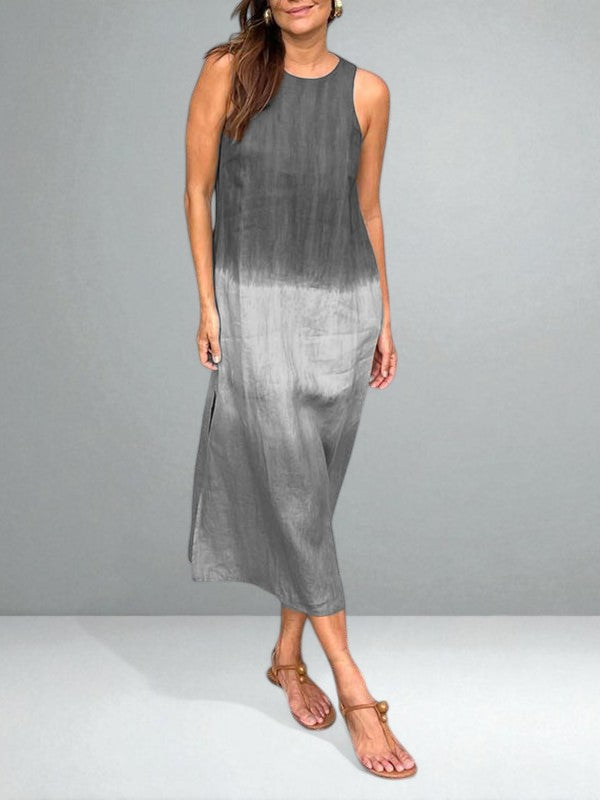 Round Neck Ombre Tie-Dye Sleeveless Straight Linen Maxi Dress 3