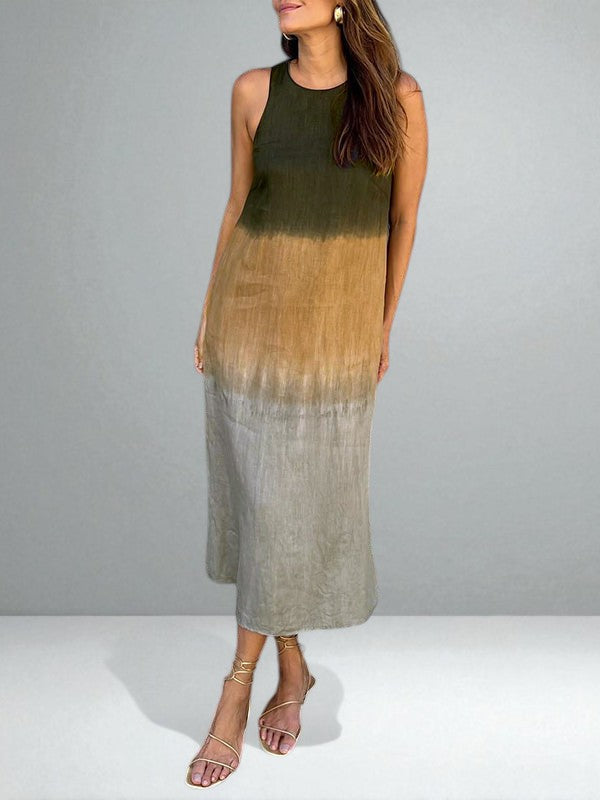 Round Neck Ombre Tie-Dye Sleeveless Straight Linen Maxi Dress 4