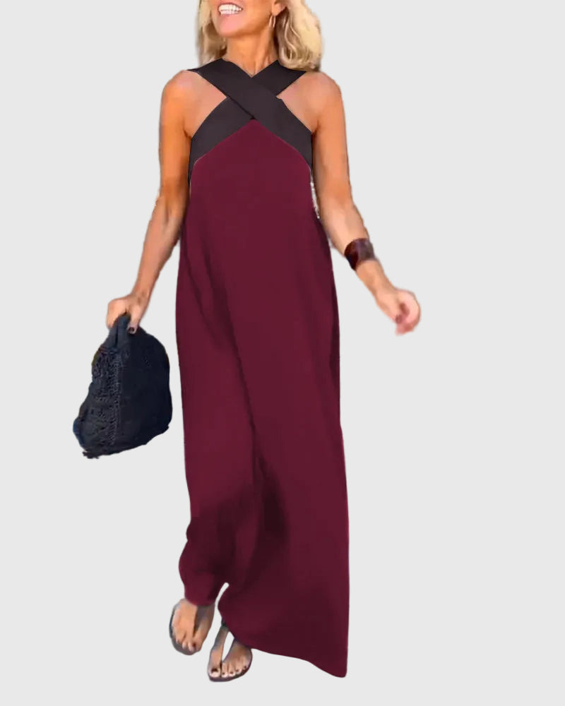 Cross Front Halter Contrast Panel Sleeveless Flowing Maxi Dress