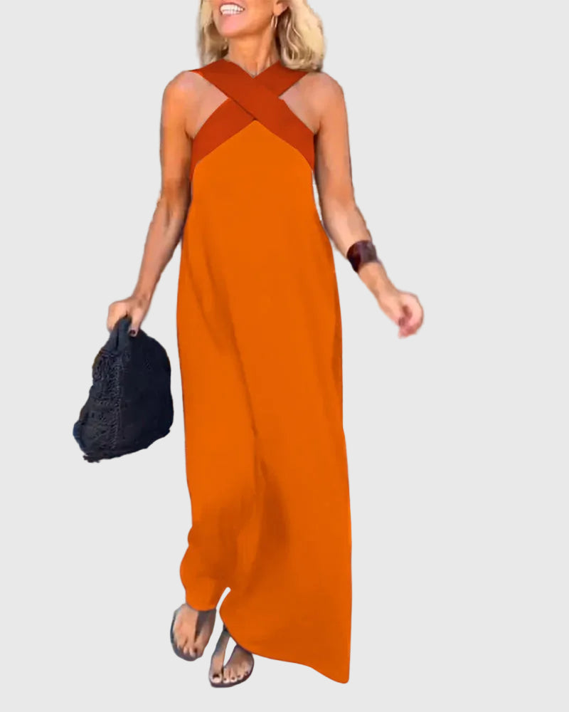 Cross Front Halter Neck Sleeveless Contrast Panel Maxi Dress 7