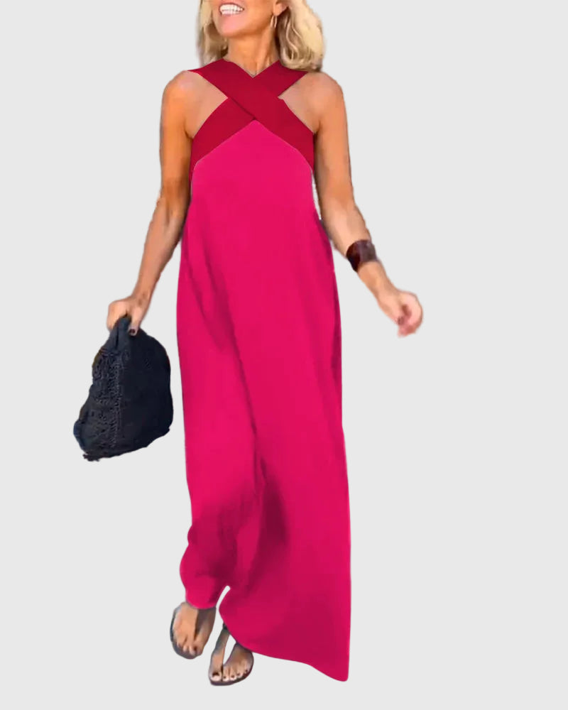 Cross Front Halter Contrast Panel Sleeveless Flowing Maxi Dress