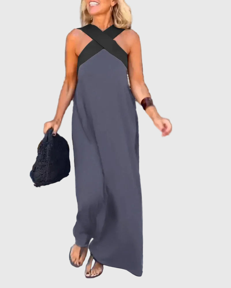 Cross Front Halter Neck Sleeveless Contrast Panel Maxi Dress 9