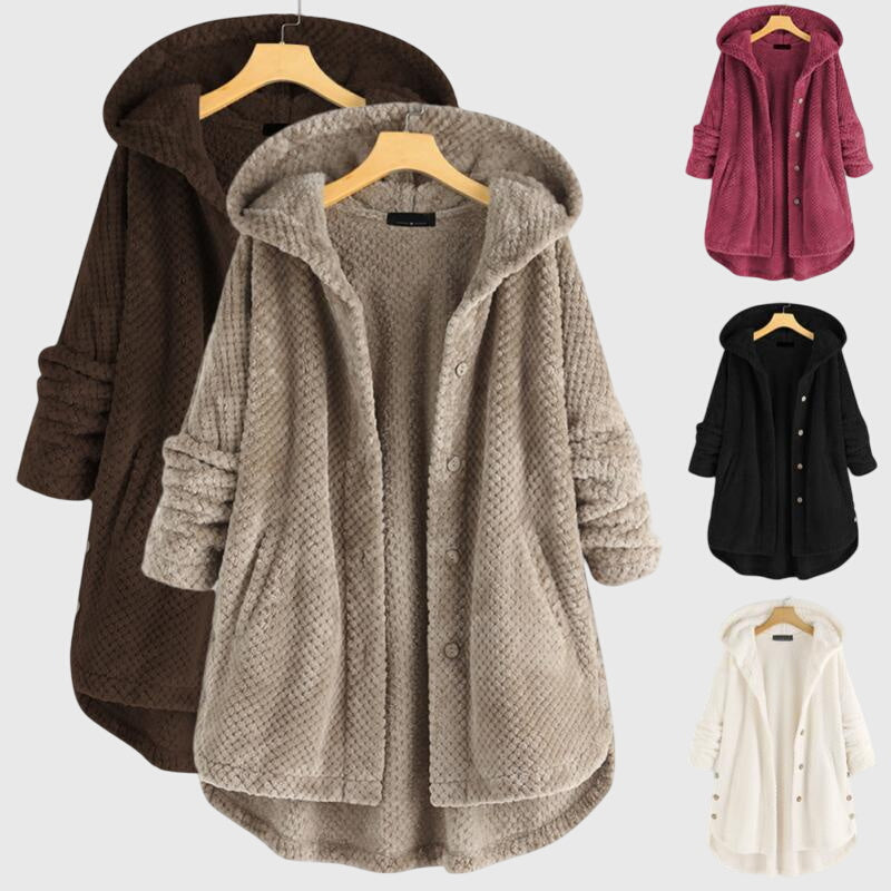 Hooded Fleece Button Front Long Sleeve High-Low Jacket