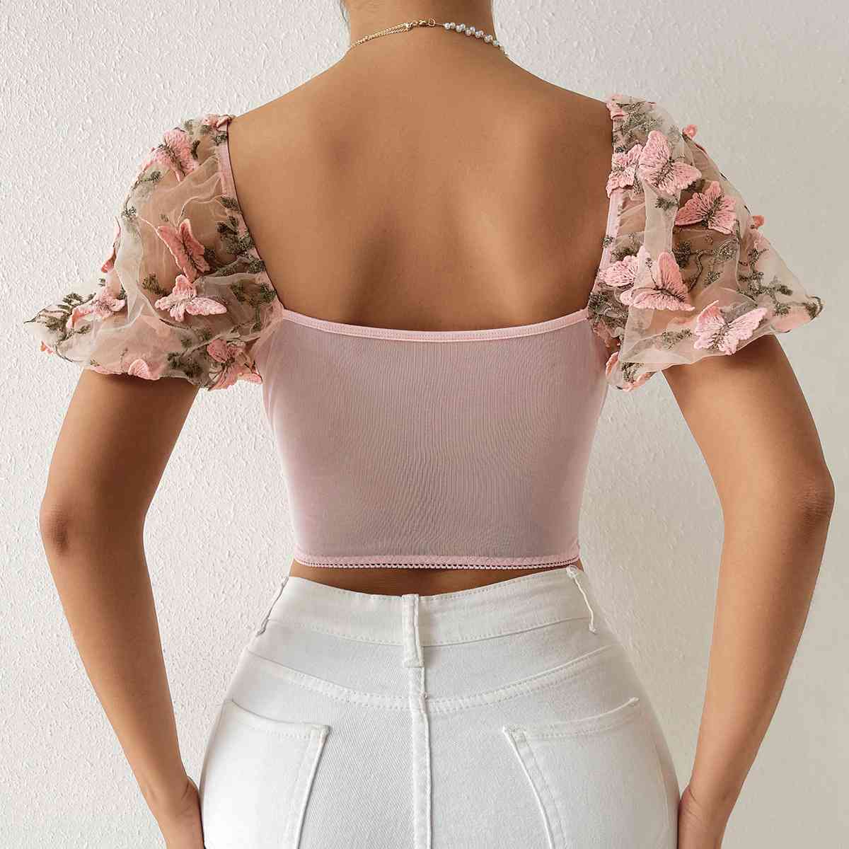 Butterfly Whispers Embroidery Charming Mesh Corset Top