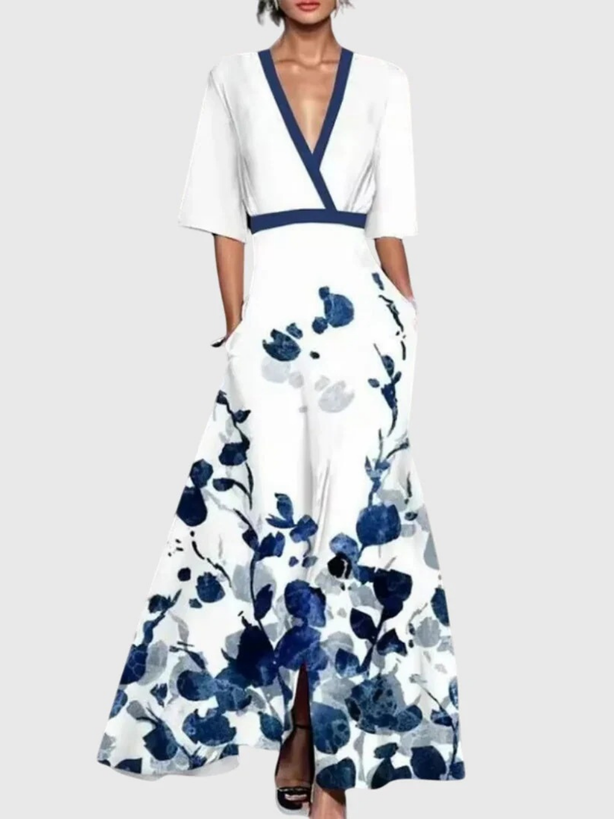 Plunge V-Neck Half Sleeve Floral Print Pocket Flared Maxi Dress 2
