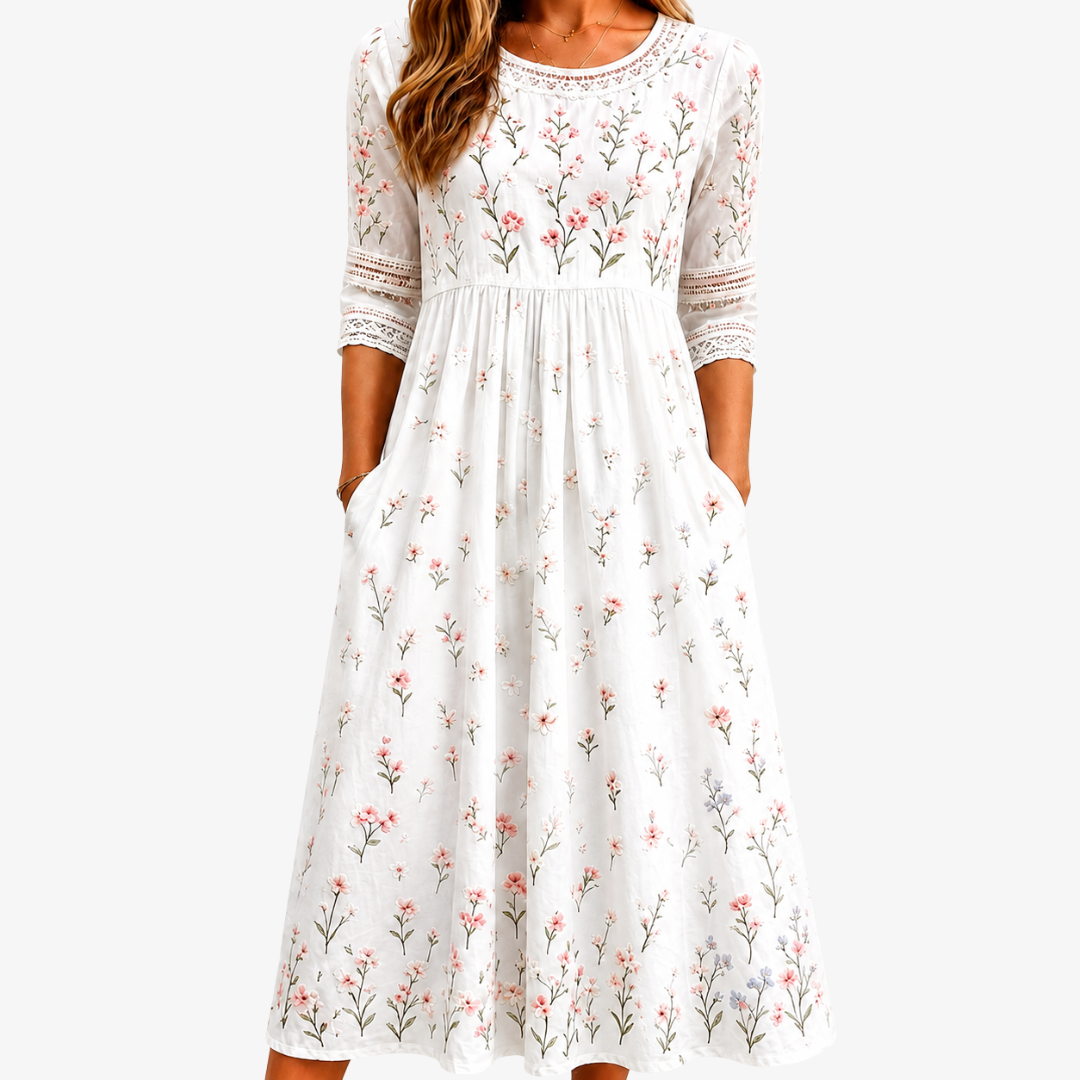 Round Neck Crochet Lace Floral Pocket A-Line Midi Dress