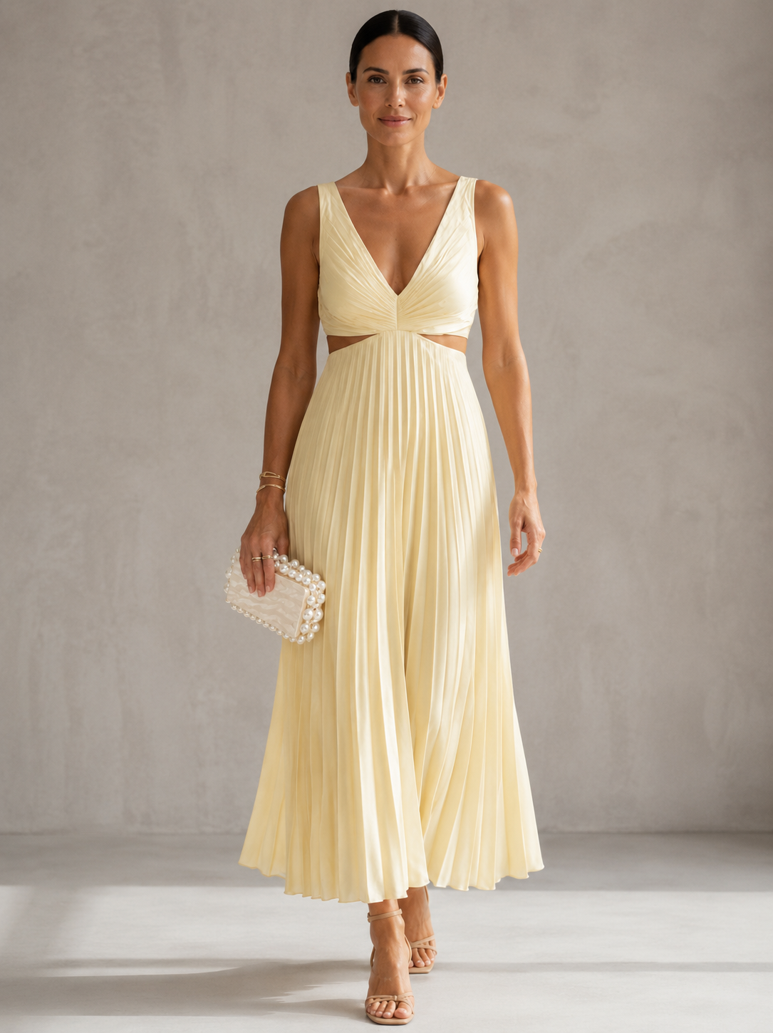 V-Neck Satin Cutout Waist Pleated A-Line Maxi Dress