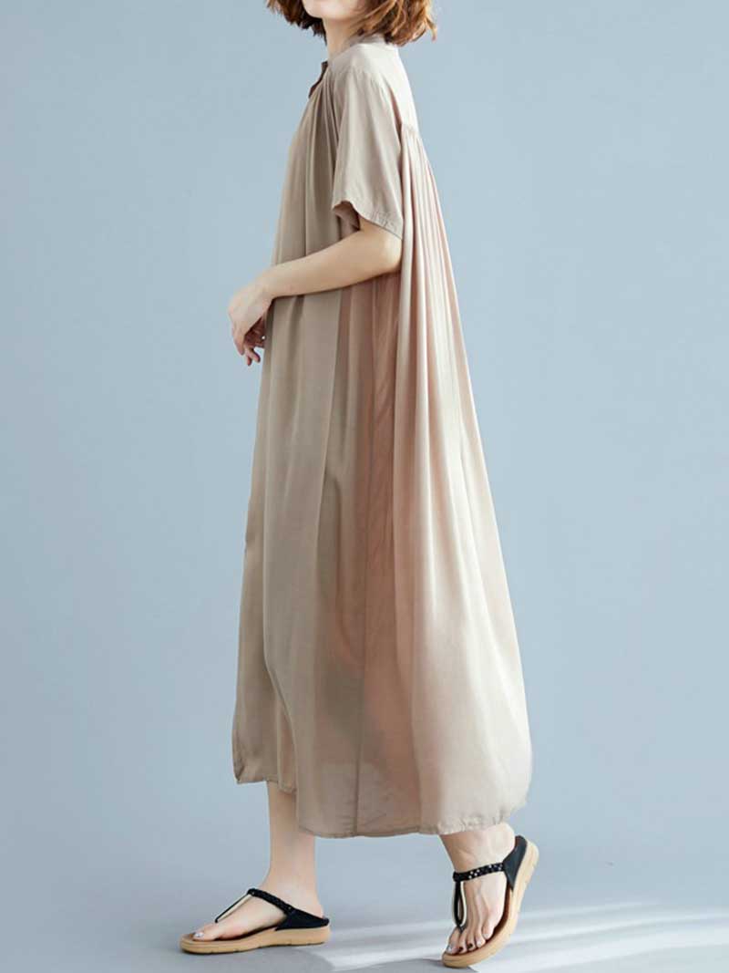 Button Front Short Sleeve Loose Cotton Shirt Maxi Dress 14