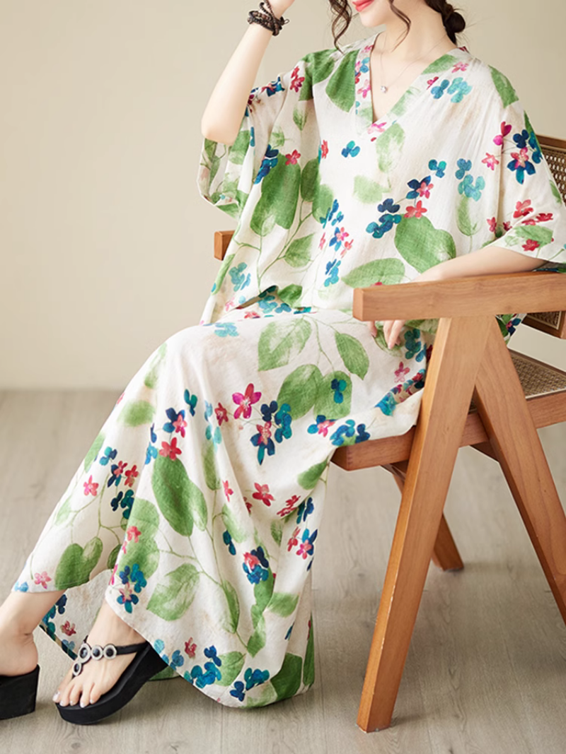 V-Neck Watercolor Floral Short Sleeve Loose Kaftan Maxi Dress 8