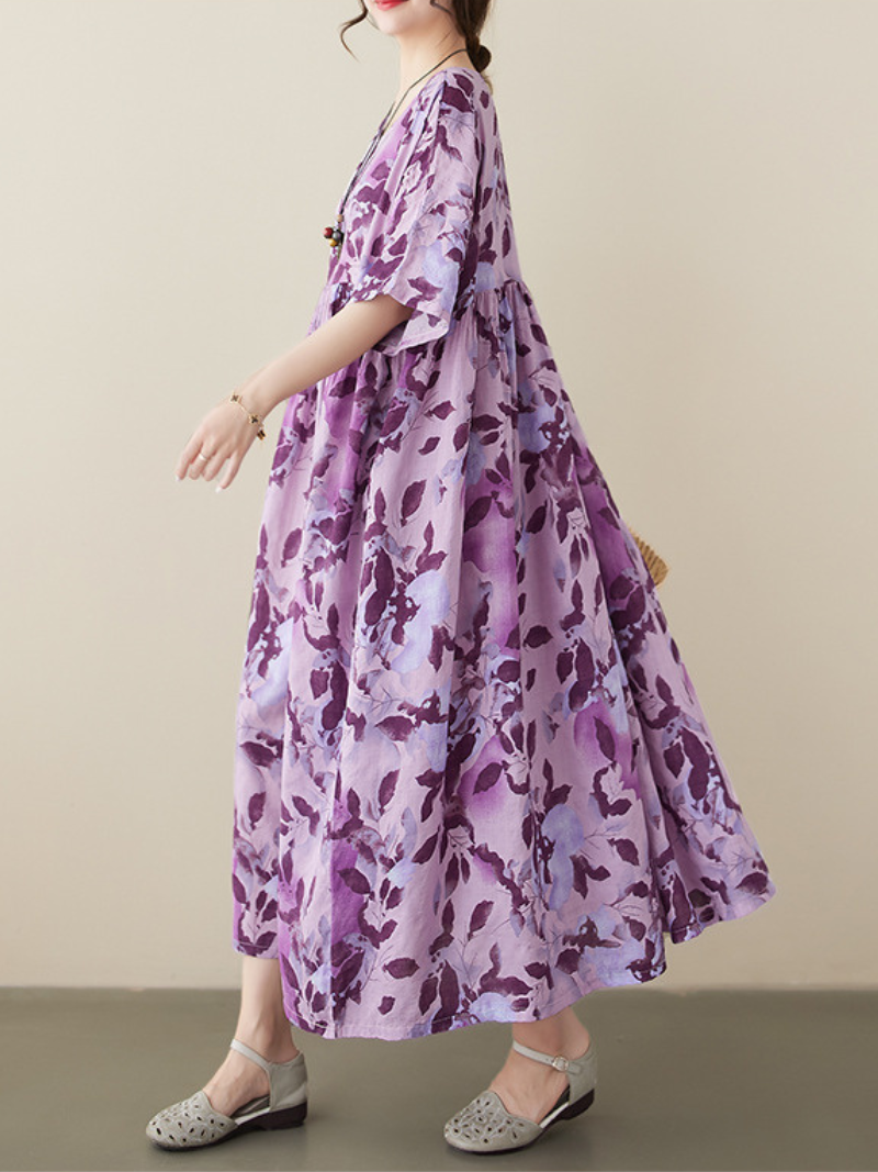 Purple Round Neck Flutter Sleeve Floral Print Pleated Midi Dress