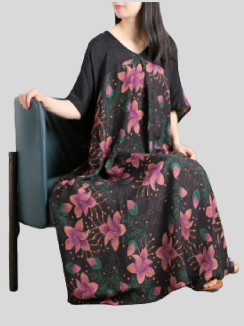 Pink V-Neck Floral Print Short Sleeve Loose Maxi Dress