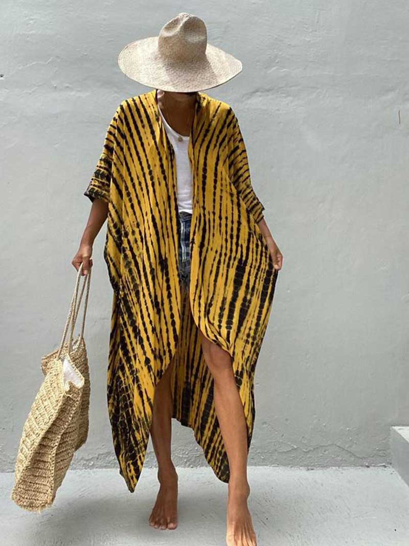 Tie-Dye Stripe Print Open Front Long Kimono Duster Robe