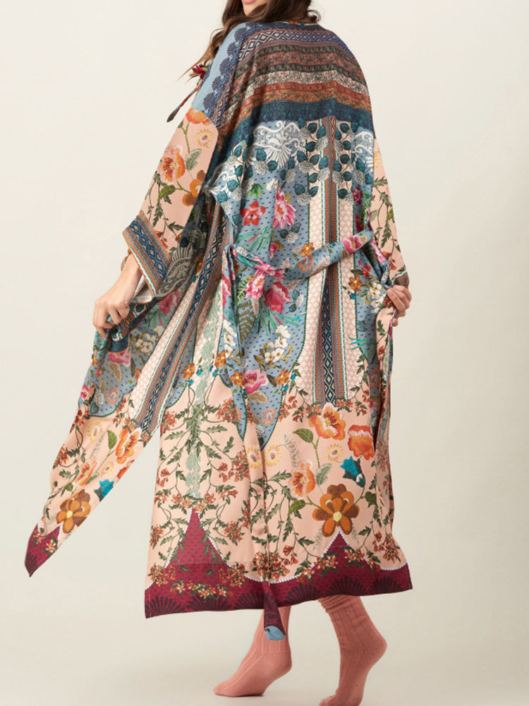 Multicolor Mixed Floral Print Belted Open Front Long Kimono Robe 4