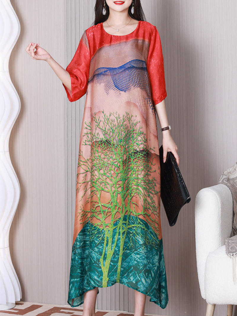 Round Neck Tree Print Half Sleeve Loose Silk Maxi Dress