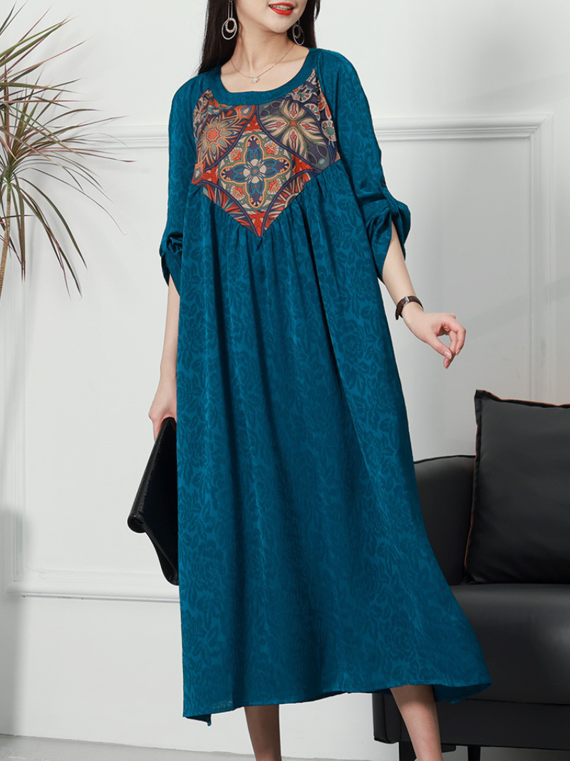 Round Neck Printed Yoke Half Sleeve Jacquard A-Line Maxi Dress 7