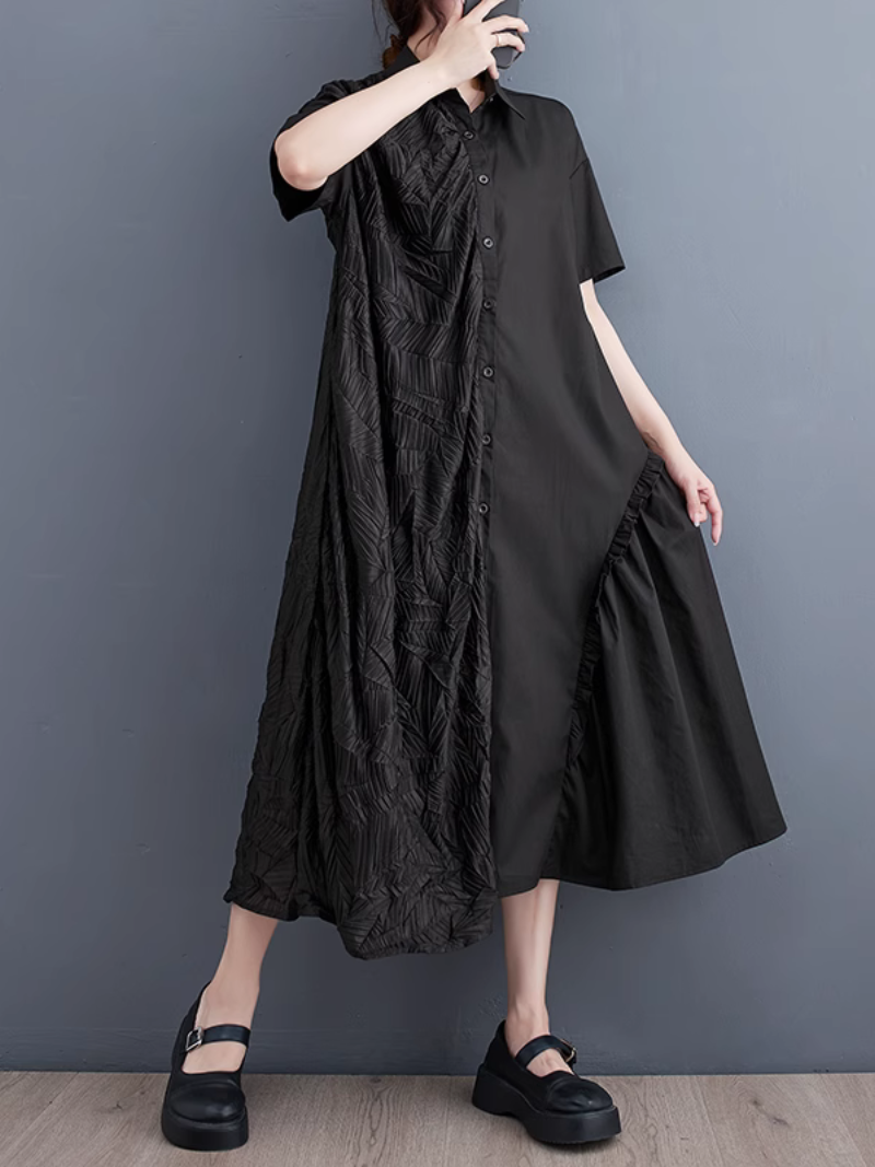 Collared Short Sleeve Textured Panel Ruffle A-Line Midi Dress