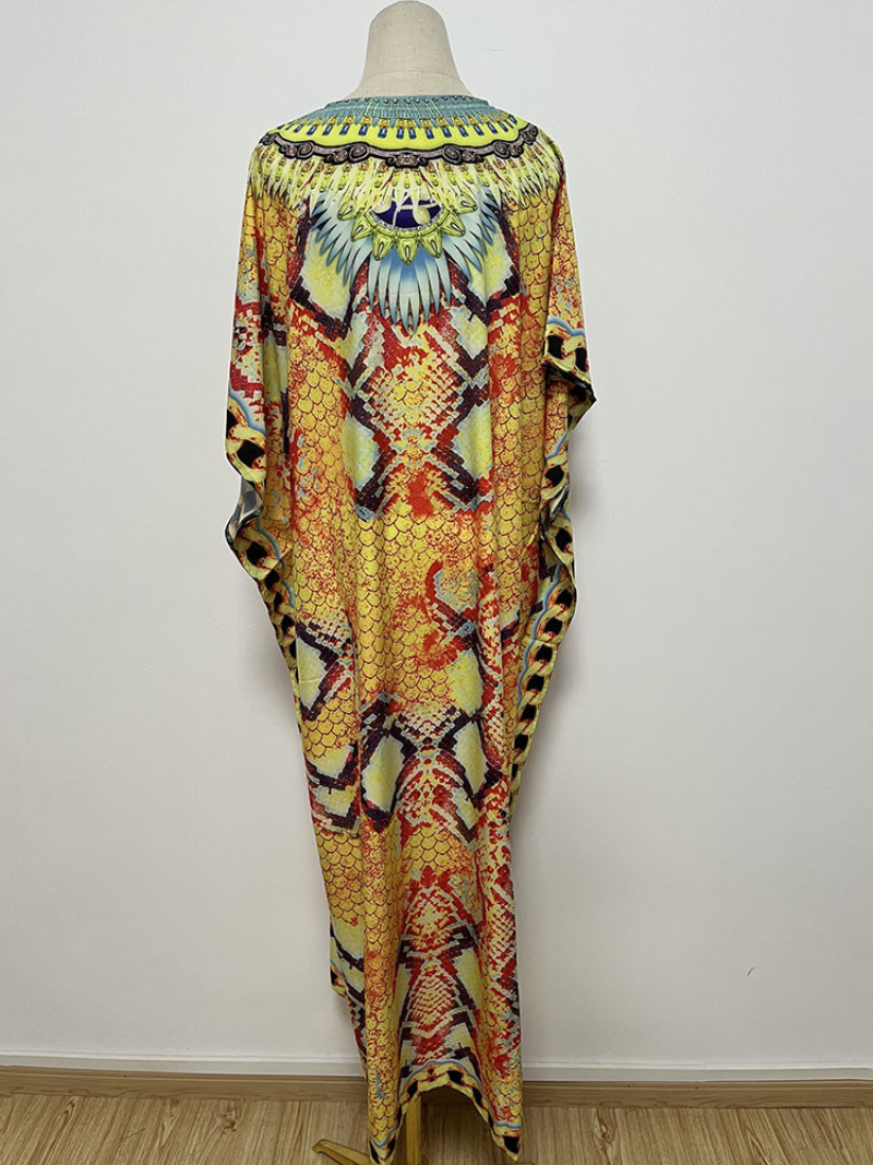 Round Neck Leopard Baroque Print Short Sleeve Loose Kaftan Maxi Dress 2