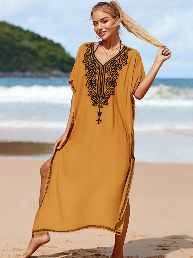 Yellow V-Neck Embroidered Side Slit Kaftan Maxi Dress 4
