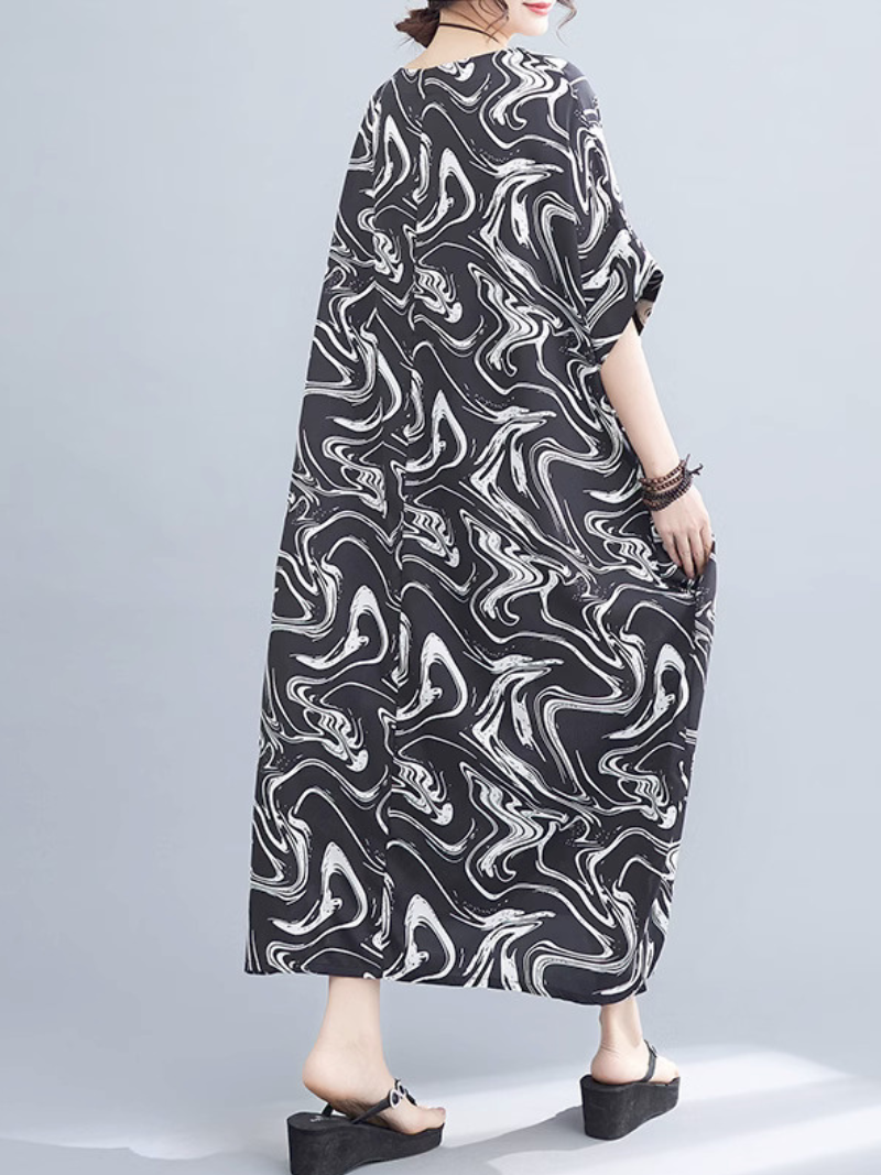 Black Round Neck Abstract Swirl Print Batwing Cocoon Maxi Dress
