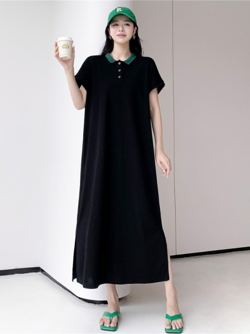 Polo Collar Button Short Sleeve Loose A-Line Maxi Dress