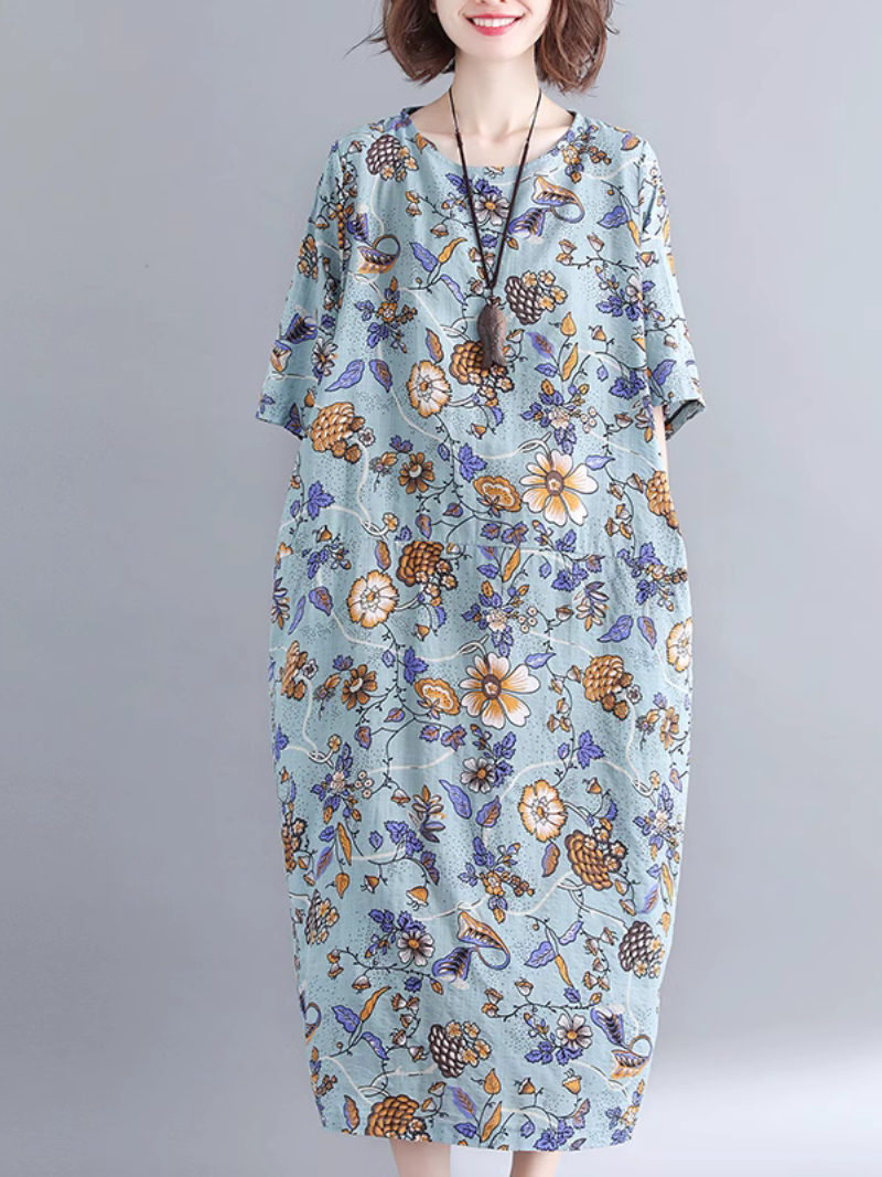 Round Neck Ditsy Floral Short Sleeve Loose Cotton Midi Dress 4