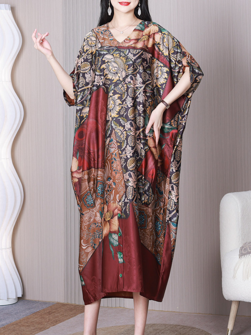 Red V-Neck Floral Print Batwing Sleeve Loose A-Line Midi Dress 2