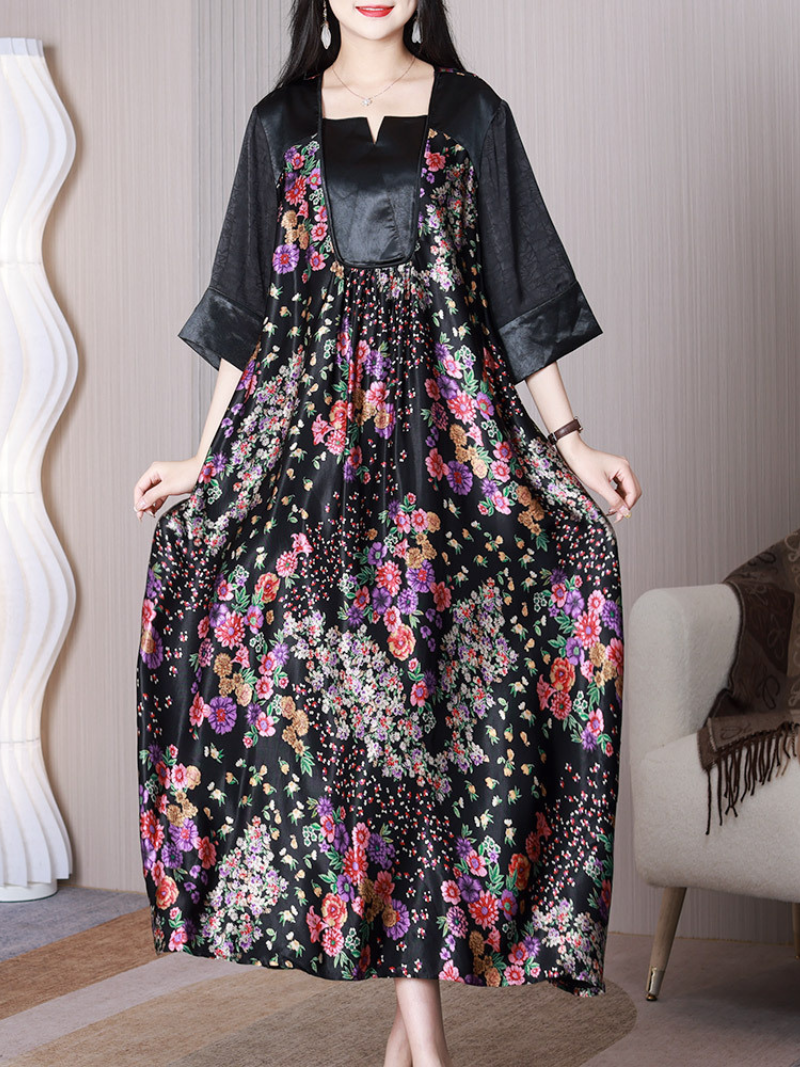 Notch Square Neck Floral Print Half Sleeve Loose A-Line Maxi Dress