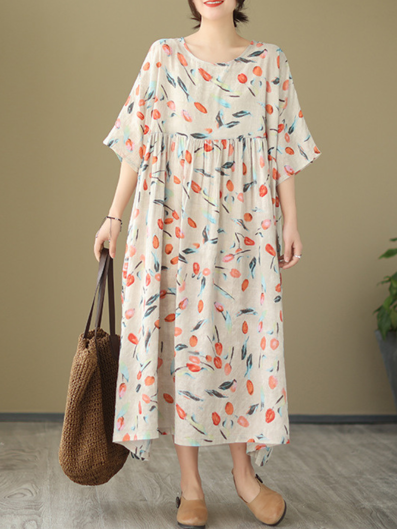 Multi Color Round Neck Floral Print Short Sleeve Pleated Loose Midi Dress