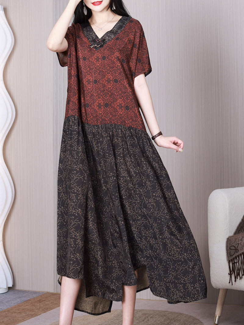 Red V-Neck Patchwork Floral Print Short Sleeve Pleated A-Line Maxi Dress 3